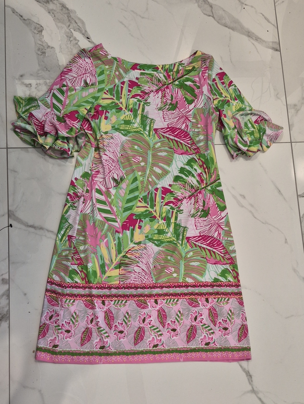 Pappagallo Pink & Green Tropical Leaf Shift Dress